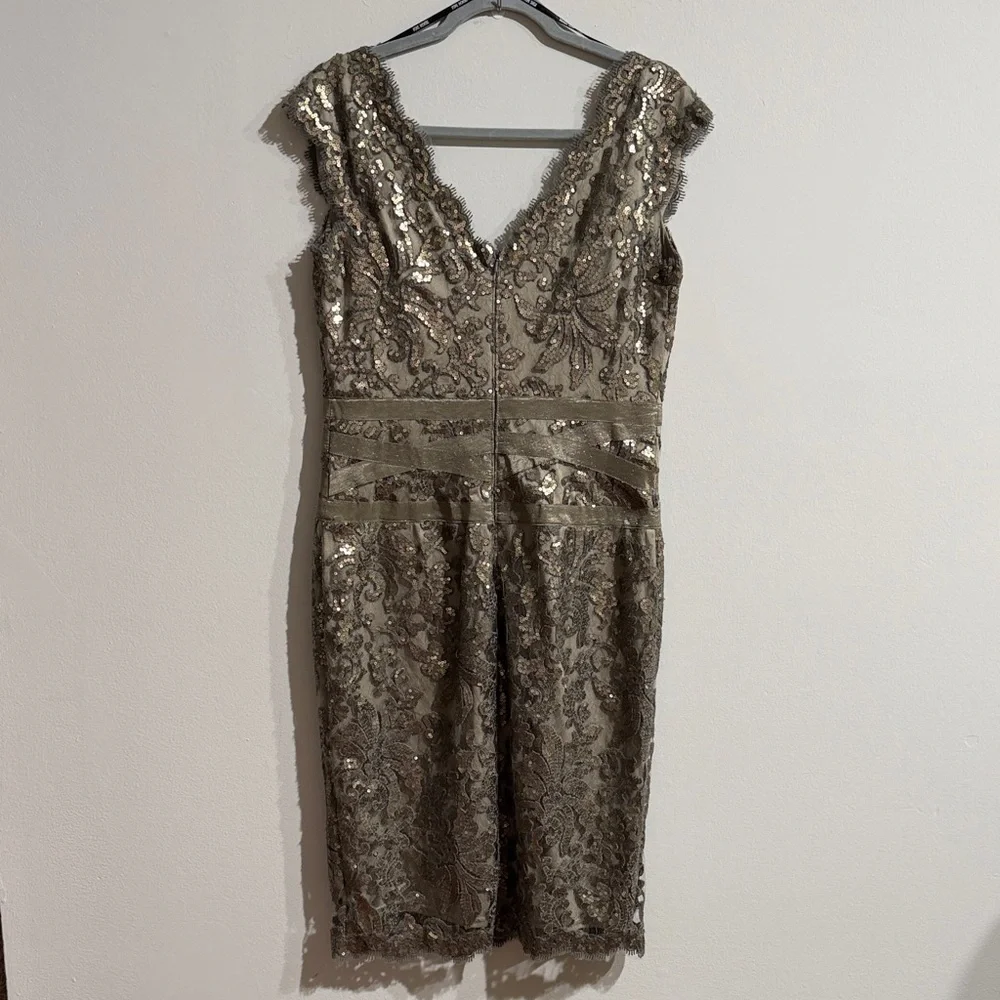 TADASHI SHOJI Women 12 Green Metallic Sequin Lined Elegant Lace Cap Sleeve Dress